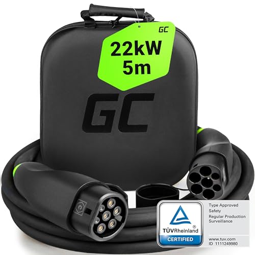 Green Cell GC Snap Typ 2 Ladekabel 22kW 5m 32A für EV Elektroautos Typ 2 auf Typ 2 3-Phasig TÜV Kompatibel mit Model Y 3 S X, ID.3, ID.4, Q4 e-tron, i4, iX1, 500e, Enyaq, EV6, EQA inkl Premium Koffer