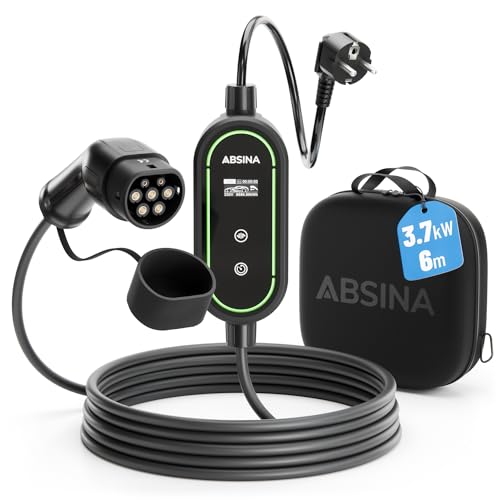 ABSINA Typ 2 Ladekabel Schuko mit Einstellbarer Ladeleistung - ICCB Ladekabel 3,7kW 16A 1 phasig IP67 mit 6 m Kabel - Ladekabel Schuko auf Typ 2 für i3, e-Up, ID.3, ID.4, Zoe, fortwo, Kona UVM