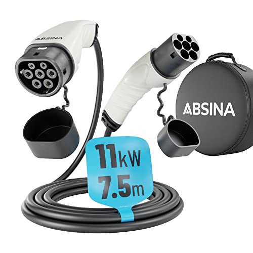 ABSINA Typ 2 Ladekabel 11kW & 16A für Hybrid & Elektroauto - 7,5 Meter Typ 2 Ladekabel 3 phasig - Mode 3 Ladekabel - Kompatibel mit Model 3, e-Up, ID.3, Zoe, EQ fortwo, Kona Elektro, ID.4 UVM