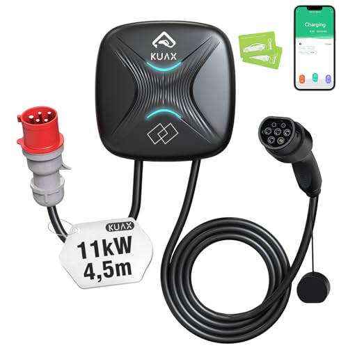 KUAX 11kW Wallbox/Elektroauto Ladestation mit Smart App, 3-Phasen 6A-16A CEE Stromadapter, 4,5M Typ 2 Ladekabel, IP65, WLAN- und Bluetooth, RFID-Karte, Geeignet für Model Y/3/S/X