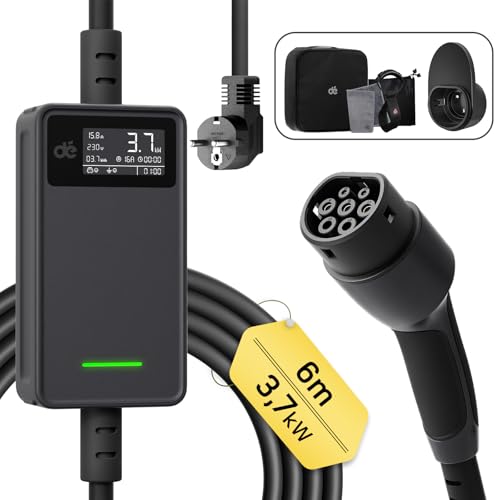 dé Ladekabel Elektroauto Typ 2 Schuko - 3,68kW [1-phasig, 6m, 6-16A] Typ 2 Auf Schuko Mit Steuerbarer Digitalanzeige - EV Charger für Model 3/Y, ID.3, ID.4, MG4, Q4, Gla und Anderen PHEV/EV