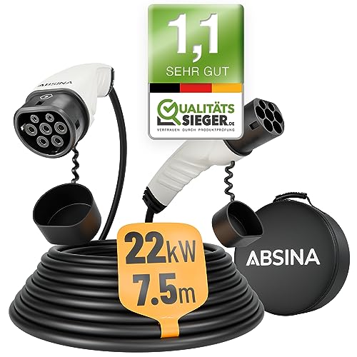 ABSINA Typ 2 Ladekabel 22kW & 32A für Hybrid & Elektroauto - 7,5 Meter Auto Ladekabel Typ2 3 phasig - Mode 3 Ladekabel - Kompatibel mit Model 3, e-Up, ID.3, Zoe, EQ fortwo, Kona Elektro, ID.4 UVM