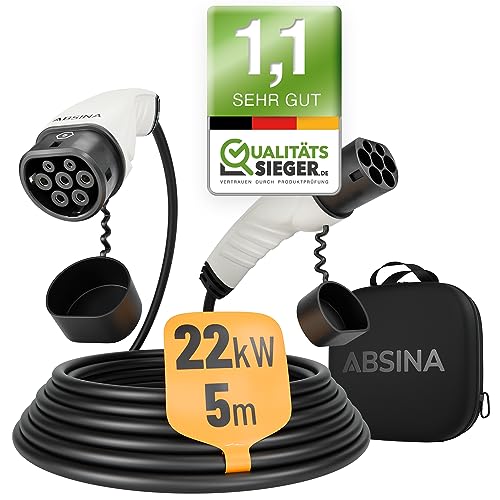 ABSINA Typ 2 Ladekabel 22kW & 32A für Hybrid & Elektroauto - 5 Meter Auto Ladekabel Typ2 3 phasig - Mode 3 Ladekabel - Kompatibel mit Model 3, e-Up, ID.3, Zoe, EQ fortwo, Kona Elektro, ID.4 UVM