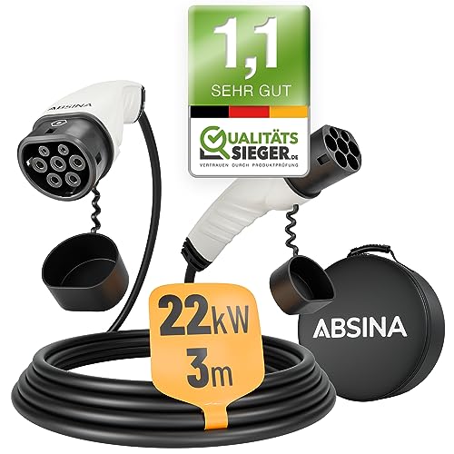 ABSINA Typ 2 Ladekabel 22kW & 32A für Hybrid & Elektroauto - 3 Meter Auto Ladekabel Typ2 3 phasig - Mode 3 Ladekabel - Kompatibel mit Model 3, e-Up, ID.3, Zoe, EQ fortwo, Kona Elektro, ID.4 UVM
