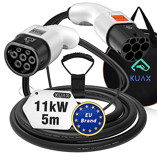 KUAX Typ 2 Ladekabel 11KW 3 Phasen Ladekabel mit 16A, 5M, 11KW, IP54, IEC-62196-2 geeignet für Model S/3/X/Y | e-Golf/e-UP/ID.3 | i3/i8 (Weiß)