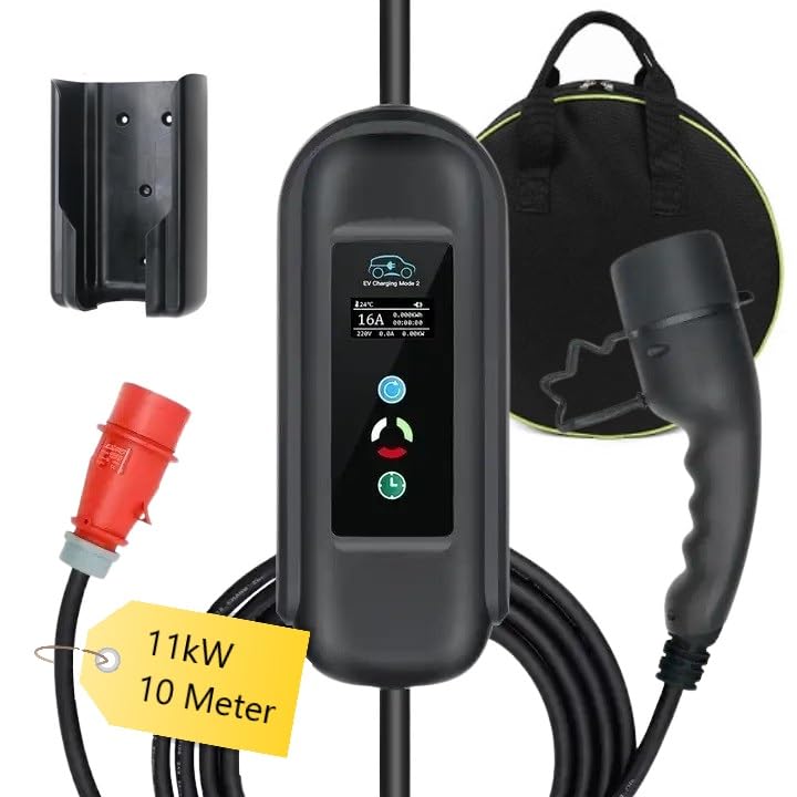 Mobile Wallbox 11kW mit 10 Meter Typ2 Ladekabel für die rote CEE 16A Steckdose, Display, Regelbar 8/10/13/16 A, für alle Elektroautos und PHEV mit Tasche & Wandhalterung Deutsche Anleitung &Support