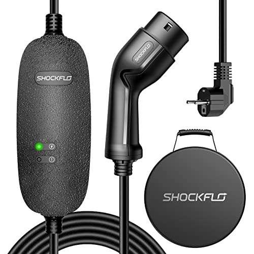 ShockFlo Typ 2 Schuko EV Ladegerät 16Amp 6M Kabel Eletrofahrzeug Ladegerät mit Schuko Stecker für IEC 62196-2，Plug-in EV Ladestation Arbeit mit Typ 2 & CCS2 Stecker