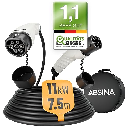 ABSINA Typ 2 Ladekabel 11kW & 16A für Hybrid & Elektroauto - 7,5 Meter Typ 2 Ladekabel 3 phasig - Mode 3 Ladekabel - Kompatibel mit Model 3, e-Up, ID.3, Zoe, EQ fortwo, Kona Elektro, ID.4 UVM