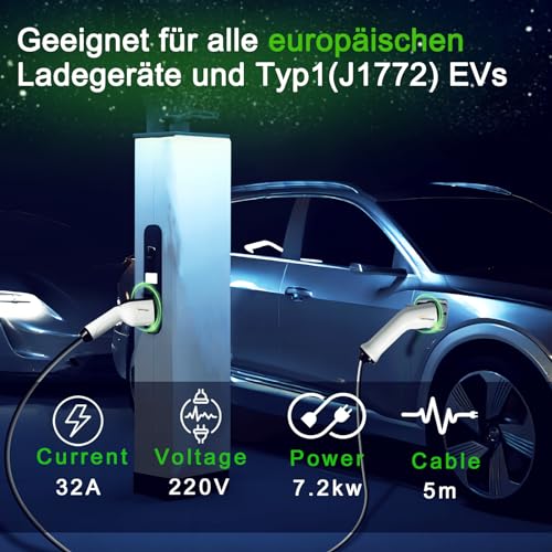 EV Ladekabel Adapter Typ 2 Auf Typ 1 (32A) Mit Anti-Diebstahl-Clip – Für Elektroauto-Ladestationen, IP54, In Tasche