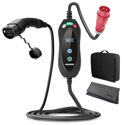BORENOR EV Ladegerät Ladekabel Typ 2 11kw 16A, 3 Phasen 380V Tragbare EV Charger, Einstellbarer Strom 8A/10A/13A/16A, 5 Meter EV Ladegerät Ladekabel CEE, Typ 2 Ladekabel mit Tasche (IEC 62196-2)