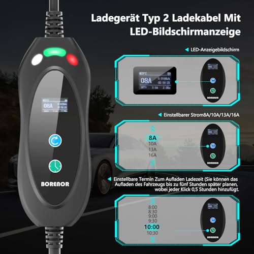 BORENOR EV Ladegerät Ladekabel Typ 2 11kw 16A, 3 Phasen 380V Tragbare EV Charger, Einstellbarer Strom 8A/10A/13A/16A, 5 Meter EV Ladegerät Ladekabel CEE, Typ 2 Ladekabel mit Tasche (IEC 62196-2) – Bild 2