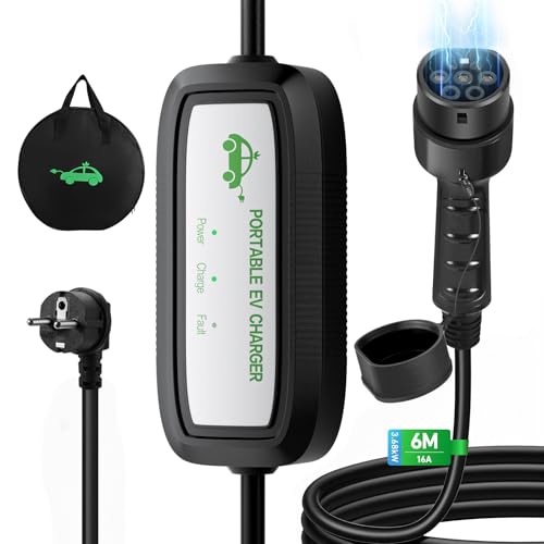 Chargeur Voiture Électrique Evjuicion 16A 3.68kW Type 2 - Câble 6M Avec Support Mural, IP65, LED, Compatible Model 3, ID.3, E-tron